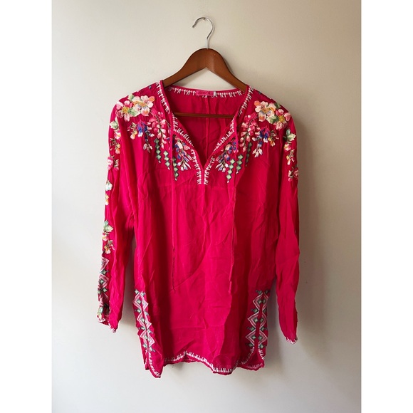 JOHNNY WAS Vanessa Cupro Blouse Red Embroidered Long Sleeve Tunic Top Medium - Picture 4 of 8